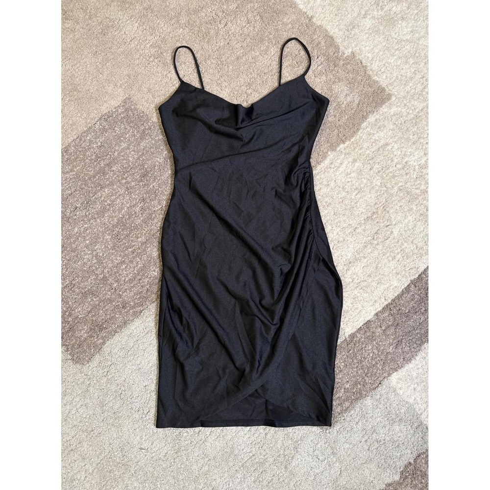 Windsor Black Cowl Neck Ruched Tulip Hem Midi Bodycon Dress GD14699 Size M